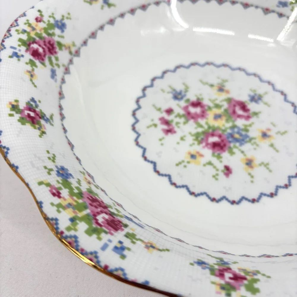 Royal Albert Petit Point China Soup Bowl England Floral Cross Stitch Gold Rim